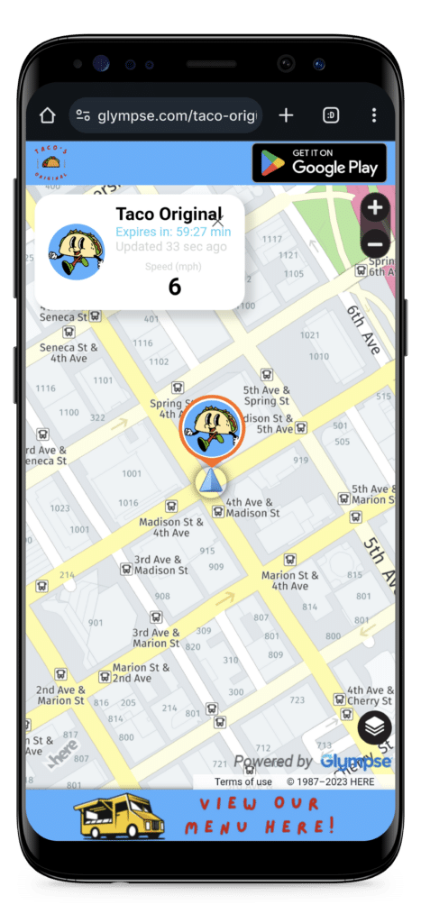 Glympse Premium Tags are employed for tracking the location of the Taco Truck in our example.